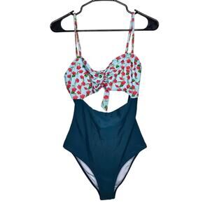 Cupshe one piece swim suit size medium mini hibiscus blue monokini tropical